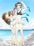  2girls :d animal_ears arm_up armpits bangs beach bikini black_bikini black_hair blue_bikini blue_sky breasts brown_eyes brown_hair collarbone flip-flops futatsuiwa_mamizou goggles goggles_on_head highres houjuu_nue innertube large_breasts leaf leaf_on_head mismatched_wings multiple_girls navel outdoors pointy_ears raccoon_ears raccoon_girl raccoon_tail red_eyes ridiculous_inflatable_swan-thing sand sandals short_hair sky smile snorkel standing standing_on_one_leg stomach string_bikini swimsuit tail touhou water yuno_(kitsune) 