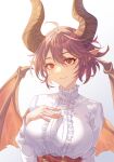  1girl absurdres ahoge breasts center_frills closed_mouth dragon_ball dragon_ball_super dragon_girl dragon_horns frilled_shirt frills grea_(shingeki_no_bahamut) hand_on_own_chest highres horns innoarukugyou large_breasts long_sleeves orange_wings pointy_ears purple_hair red_eyes shingeki_no_bahamut shirt short_hair simple_background smile solo upper_body white_background white_shirt 