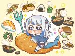  1girl :3 :d bangs blue_eyes blue_hair blunt_bangs blush_stickers bowl chibi chopsticks commentary_request cup curry curry_rice dango drooling dumpling fish_tail food food_request gawr_gura highres hololive hololive_english jiaozi multicolored_hair noodles onigiri open_mouth polearm ramen rice same_anko sanshoku_dango shark_tail shrimp shrimp_tempura simple_background smile solo sparkle spoon streaked_hair sushi tail takoyaki tempura trident two-tone_hair two_side_up virtual_youtuber wagashi weapon white_hair yunomi 