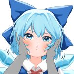  1boy 1girl bangs blue_bow blue_eyes blue_hair blurry blush bow chestnut_mouth cirno depth_of_field gloves hair_between_eyes hair_bow highres ice ice_wings looking_at_viewer mikan_(manmarumikan) portrait pov pov_hands short_hair simple_background solo_focus touhou upper_body white_background wings 