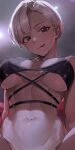  1girl abs arm_support blonde_hair bottomless breasts covered_nipples halterneck head_tilt highres licking_lips looking_at_viewer navel original red_eyes short_hair solo sooon spread_legs sweat tongue tongue_out underboob 