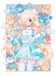  1girl blue_eyes blue_hoodie blue_skirt border commentary english_commentary hair_over_one_eye handheld_game_console happy_meal highres holding holding_handheld_game_console hood hoodie jirachi long_hair luma_(mario) marill mario_(series) mcdonald&#039;s meowwniz nintendo_switch piplup pokemon pokemon_(creature) poliwag ribbed_sweater rosalina skirt swablu sweater thighhighs white_border white_sweater white_thighhighs 