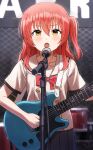  1girl blush bocchi_the_rock! bow bowtie buttons electric_guitar fagi_(kakikaki) guitar highres holding holding_instrument instrument kita_ikuyo long_hair looking_at_viewer music one_side_up open_mouth red_bow red_bowtie red_hair shirt short_sleeves singing skirt solo standing sweat white_shirt yellow_eyes 