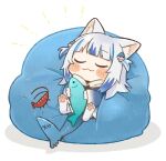  1girl :3 animal_ear_fluff animal_ears animal_feet animal_hands bangs bean_bag blue_hair blunt_bangs blush_stickers cat_ears cat_girl chibi closed_eyes commentary ebi-chan_(gawr_gura) fish fish_tail gawr_gura highres hololive hololive_english multicolored_hair pawpads same_anko shark_tail simple_background smile solo symbol-only_commentary tail two-tone_hair two_side_up virtual_youtuber white_background white_hair 