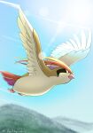  absurdres bird black_eyes bright_pupils closed_mouth commentary_request day flying full_body highres lens_flare no_humans outdoors pidgeot pokemon pokemon_(creature) sky solo tkc_(user_snjd8547) white_pupils 