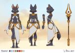  1girl animal_ears artist_name bastet_(sy_noon) black_fur black_hair blue_eyes body_fur breasts cat_ears cat_girl cat_tail character_name closed_mouth commentary egyptian egyptian_clothes english_commentary from_behind furry furry_female highres looking_at_viewer medium_breasts multiple_views original polearm reference_sheet short_hair standing sy_noon tail weapon 