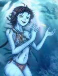  1girl alien animal_ears avatar:_the_way_of_water blue_skin brown_hair colored_skin fish highres james_cameron&#039;s_avatar kiri_(avatar) na&#039;vi sheepblack11 tribal underwater water yellow_eyes 