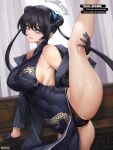  1girl aged_up bare_shoulders bench black_coat black_hair black_panties blue_archive breasts butterfly_hair_ornament cameltoe china_dress chinese_clothes coat covered_abs covered_navel double_bun dress grey_eyes hair_bun hair_ornament halo highres kisaki_(blue_archive) large_breasts leg_up long_hair long_sleeves looking_at_viewer nephlite off_shoulder open_clothes open_coat panties parted_lips sideboob smile solo split standing standing_on_one_leg standing_split thighs underwear very_long_hair 
