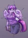  2019 anthro anthrofied book bottomwear clothed clothed_anthro clothed_female clothing equid equine feathered_wings feathers female female_anthro friendship_is_magic front_view fully_clothed fully_clothed_anthro fully_clothed_female grey_background grin hair hand_to_face hasbro hi_res holding_book holding_object horn looking_at_viewer mammal multicolored_hair my_little_pony noupie pants pink_hair pink_tail portrait purple_body purple_bottomwear purple_clothing purple_ears purple_eyes purple_hair purple_horn purple_pants purple_skin purple_sweater purple_tail purple_topwear purple_wings simple_background smile solo standing sweater tail teeth three-quarter_portrait topwear twilight_sparkle_(mlp) two_tone_hair two_tone_tail winged_unicorn wings 