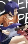  1girl absurdres audio_jack bangs bass_guitar bedroom black_eyes blush boku_no_hero_academia breasts choker collarbone fengling_(furin-jp) highres instrument jirou_kyouka legs long_earlobes music open_mouth playing_instrument purple_hair short_hair skirt small_breasts solo 