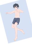  1boy absurdres bangs barefoot black_hair black_male_swimwear closed_mouth collarbone commentary_request full_body highres looking_at_viewer male_focus male_swimwear original purple_eyes rinshi short_hair solo swim_trunks topless_male 