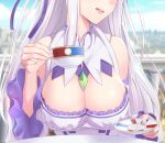  1girl :d balcony bare_shoulders blush breasts cleavage cleavage_cutout clothing_cutout cup day detached_sleeves dress emilia_(re:zero) grey_hair head_out_of_frame highres holding holding_cup holding_saucer kanden_sky large_breasts long_hair long_sleeves open_mouth outdoors re:zero_kara_hajimeru_isekai_seikatsu saucer smile solo table teacup upper_body very_long_hair white_dress 