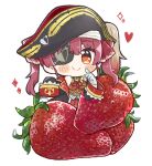  1girl bicorne blush_stickers brown_eyes chibi commentary eyepatch food fruit gloves hat heart heart_eyepatch hololive houshou_marine long_hair long_sleeves looking_at_viewer pirate_hat red_hair same_anko simple_background smile solo sparkle strawberry twintails virtual_youtuber white_background white_gloves 