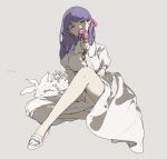  1girl bow breasts collared_dress covered_mouth dress fate/stay_night fate_(series) flower full_body grey_background hair_bow head_tilt highres holding holding_flower knee_up legs long_hair matou_sakura medium_breasts pink_bow pink_flower puffy_short_sleeves puffy_sleeves purple_eyes purple_hair sandals shinnasuka025 short_sleeves signature simple_background solo white_dress white_flower white_footwear 