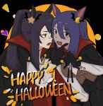  2girls animal_ears bandaid bandaid_on_face bandaid_on_nose black_choker black_gloves black_pants blood blood_on_face blue_hair blush breasts brown_hair brown_vest choker fangs gloves hair_between_eyes halloween_costume hand_on_another&#039;s_face happy_halloween highres hishi_amazon_(umamusume) horse_ears leaning_forward long_hair looking_at_another looking_at_viewer mado_(71221497o) multiple_girls narita_brian_(umamusume) pants ponytail red_eyes shirt small_breasts umamusume vampire_costume vest white_shirt yellow_eyes yuri 