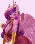  2023 absurd_res anthro anthrofied blonde_hair breasts cleavage clothed clothing crown digital_media_(artwork) dress ear_piercing equid equine eyes_closed feathered_wings feathers female friendship_is_magic gold_(metal) hair hasbro headgear hi_res horn jewelry lipstick long_hair makeup mammal multicolored_hair my_little_pony necklace nire piercing pink_body pink_feathers pink_hair princess_cadance_(mlp) purple_hair signature smile winged_unicorn wings 