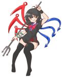  1girl :d ahoge asymmetrical_wings bangs black_dress black_hair black_thighhighs blue_wings bow bowtie brown_eyes dress full_body holding houjuu_nue mizusoba polearm red_bow red_bowtie red_wings short_hair short_sleeves simple_background smile snake_armband solo thighhighs thighs touhou trident weapon white_background wings wristband 