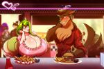  &lt;3 anthro big_breasts big_tail breasts brown_body brown_fur brown_hair burger canid canine canis chest_tuft cleavage clothed clothing diner duo female food fox fries fur green_hair hair hi_res holidays huge_breasts ketchup long_hair looking_at_another male male/female mammal red_clothing red_shirt red_topwear shirt tail tail_motion tailwag topwear toughset tuft valentine&#039;s_day wolf 