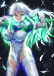  1girl absurdres bangs blue_hair blue_sky breasts closed_mouth colored_inner_hair covered_navel cropped_jacket fate/grand_order fate_(series) gloves gradient_sky green_eyes green_hair highres jacket juliet_sleeves kukulkan_(fate) kukulkan_(second_ascension)_(fate) large_breasts leotard light_blue_hair long_hair long_sleeves looking_at_viewer multicolored_hair night night_sky orange_sky puffy_sleeves shrug_(clothing) sideless_outfit sidelocks sky smile solo thighhighs thighs twilight white_gloves white_jacket white_leotard white_thighhighs 