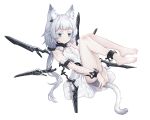  1girl absurdres animal_ear_fluff animal_ears arknights ass bare_legs bare_shoulders barefoot bestramos breasts cat_ears cat_girl cat_tail cleavage cleavage_cutout closed_mouth clothing_cutout colored_eyelashes commentary_request dress feet full_body green_eyes grey_hair highres legs legs_up long_hair looking_at_viewer official_alternate_costume rosmontis_(arknights) rosmontis_(become_anew)_(arknights) simple_background sleeveless sleeveless_dress small_breasts solo tail toenails toes very_long_hair white_background white_dress 