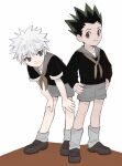  2boys alternate_costume bangs black_hair blue_eyes brown_eyes closed_mouth full_body gon_freecss grey_sailor_collar grey_shorts hair_between_eyes hands_on_hips hands_on_own_knees hunter_x_hunter killua_zoldyck leaning_forward male_focus multiple_boys neckerchief sailor_collar school_uniform shoes short_sleeves shorts simple_background spiked_hair standing toreshi_poi white_hair 