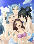  4girls :&gt; absurdres asui_tsuyu beach bikini blue_bikini blue_eyes blue_hair boku_no_hero_academia breasts brown_eyes brown_hair cleavage day fengling_(furin-jp) fins frog_girl hadou_nejire hair_rings hands_up head_fins highres large_breasts long_hair looking_at_viewer medium_breasts multiple_girls ocean official_alternate_costume outdoors pink_bikini sirius_(boku_no_hero_academia) swimsuit uraraka_ochako v 