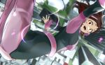  1girl :d absurdres blue_bodysuit bodysuit boku_no_hero_academia brown_eyes brown_hair building city day falling fengling_(furin-jp) from_above highres looking_at_viewer midair multicolored_bodysuit multicolored_clothes open_mouth outdoors outstretched_arms pink_bodysuit short_hair sidelocks smile solo superhero uraraka_ochako 