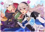  1boy 1girl armor bangs black_gloves black_hairband black_robe blue_cape book bridal_gauntlets brown_eyes cape closed_mouth commentary_request corrin_(female)_(fire_emblem) corrin_(fire_emblem) dragonstone fire_emblem fire_emblem_awakening fire_emblem_fates fire_emblem_heroes gem gloves grey_hair hair_between_eyes hairband highres holding holding_book hood hood_down hooded_robe kiriya_(552260) long_hair long_sleeves looking_at_viewer open_mouth pointy_ears red_eyes robe robin_(fire_emblem) robin_(male)_(fire_emblem) short_hair smile twitter_username white_hair 
