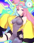  1girl absurdres aqua_hair breasts character_hair_ornament covered_navel hair_ornament highres iono_(pokemon) jacket long_sleeves looking_at_viewer multicolored_hair open_clothes oversized_clothes pink_eyes pink_hair pokemon pokemon_(game) pokemon_sv sharp_teeth smile star_(symbol) teeth thigh_strap truejekart twintails two-tone_hair v-shaped_eyebrows yellow_jacket 