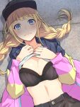  bangs baseball_cap black_bra black_headwear blue_eyes blunt_bangs blush bra braid breasts cleavage closed_mouth clothes_lift coat hat highres kanden_sky large_breasts lifted_by_self long_hair long_sleeves looking_at_viewer lying navel on_back on_ground open_clothes open_coat paripi_koumei pink_coat polka_dot polka_dot_bra shirt_lift tsukimi_eiko twin_braids underwear upper_body 