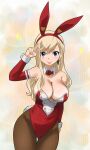  animal_ears armpits bangs blonde_hair blue_eyes breasts colored_skin detached_collar detached_sleeves earrings eden&#039;s_zero gaston18 hair_between_eyes highleg highleg_leotard highres jewelry large_breasts leotard pantyhose playboy_bunny rabbit_ears rabbit_tail rebecca_bluegarden red_leotard smile tail thick_thighs thigh_gap thighs v white_skin wide_hips 