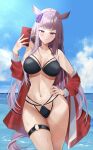  1girl :q absurdres animal_ears bangs bikini black_bikini blue_sky blunt_bangs blush bow breasts cellphone cloud cloudy_sky commentary conconcon1031 cowboy_shot day gold_ship_(umamusume) grey_hair hair_bow half-closed_eyes halterneck hand_on_hip highres holding holding_phone horizon horse_ears horse_girl horse_tail jacket large_breasts licking_lips long_hair long_sleeves looking_at_viewer multi-strapped_bikini navel o-ring o-ring_bikini ocean off_shoulder open_clothes open_jacket outdoors phone purple_bow purple_eyes red_jacket skindentation sky smartphone solo standing swimsuit tail thigh_gap thigh_strap tongue tongue_out tracen_training_uniform track_jacket umamusume wet 