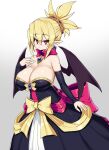  1girl bat_wings blonde_hair bow breasts bright_pupils cleavage cowboy_shot demon_girl detached_sleeves disgaea dress earrings gem gradient_background grey_background hand_up highres huge_breasts jewelry large_bow looking_at_viewer pointy_ears red_eyes rozalin sawati short_hair simple_background solo strapless strapless_dress wings yellow_bow 