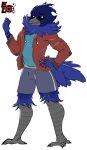  alpha_channel anthro avian avian_feet beak bird black_sclera bottomwear character_name claws clothing elisalevin fan_character feathers hi_res jacket male neck_tuft shaded shirt shorts simple_background simple_shading solo t-shirt tail_feathers text toe_claws topwear transparent_background tuft 