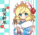  2022 3girls alice_margatroid animal_ears blonde_hair blue_eyes blue_kimono blush bow braid brown_eyes brown_hair closed_mouth commentary_request detached_sleeves floral_print fur-trimmed_kimono fur_trim gloves hair_between_eyes hair_bow hakurei_reimu happy_new_year japanese_clothes kimono kirisame_marisa long_sleeves minigirl multiple_girls new_year nontraditional_miko obi partial_commentary piyokichi print_kimono red_bow revision ribbon-trimmed_sleeves ribbon_trim sash short_hair single_braid smile tail tiger_ears tiger_tail touhou upper_body white_gloves wide_sleeves 