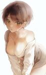  1girl blush breasts brown_hair cleavage collarbone hiki_momoco large_breasts leaning_forward long_sleeves looking_at_viewer loose_clothes loose_shirt original shirt short_hair simple_background single_bare_shoulder solo sweatdrop white_background white_shirt 