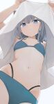  1girl animal_ears bikini blue_archive blue_bikini blue_eyes blush breasts closed_mouth clothes_lift collarbone from_below grey_background grey_hair highres hiroki_(yyqw7151) lifted_by_self looking_at_viewer navel shiroko_(blue_archive) shirt shirt_lift short_hair simple_background small_breasts solo stomach swimsuit upshirt white_shirt 