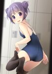  1girl ass black_thighhighs blue_one-piece_swimsuit commentary_request competition_school_swimsuit cowboy_shot double_bun flat_chest from_behind hair_bun highres locker locker_room looking_at_viewer looking_back one-piece_swimsuit original purple_eyes purple_hair school_swimsuit shibacha short_hair solo swimsuit thighhighs undressing voyeurism 