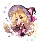  1girl animal_ears black_dress black_headwear blonde_hair braid broom broom_riding cat_ears chibi dress frilled_sleeves frills full_body hat holding holding_wand kirisame_marisa long_hair long_sleeves orb piyokichi revision simple_background single_braid solo star_(symbol) touhou wand white_background witch_hat yellow_eyes yin_yang yin_yang_orb 