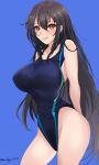  1girl alternate_costume black_hair black_one-piece_swimsuit blue_background blue_one-piece_swimsuit breasts competition_swimsuit covered_navel cowboy_shot hair_between_eyes highleg highres kantai_collection large_breasts lips long_hair looking_at_viewer mochigome2020 multicolored_clothes multicolored_swimsuit nagato_(kancolle) one-piece_swimsuit red_eyes smile solo swimsuit two-tone_swimsuit 
