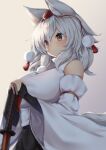  1girl animal_ear_fluff animal_ears bangs bare_shoulders black_skirt breasts closed_mouth grey_background highres holding holding_sword holding_weapon inubashiri_momiji katana large_breasts onomiya pom_pom_(clothes) red_eyes shirt short_hair skirt solo sword tail touhou upper_body weapon white_hair white_shirt white_sleeves wolf_ears wolf_girl wolf_tail 
