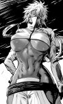  1girl abs arrancar bangs bleach breasts covering_mouth crossed_bangs daraz greyscale hand_on_hip highres large_breasts long_bangs long_hair looking_to_the_side monochrome navel revealing_clothes shrug_(clothing) simple_background solo stomach tier_harribel toned tri_tails underboob 