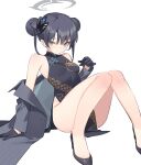  arm_support black_dress black_footwear black_gloves black_hair blue_archive breasts butterfly_hair_ornament china_dress chinese_clothes closed_mouth double_bun dragon_print dress gloves grey_eyes grey_jacket hair_bun hair_ornament halo highres jacket kildir kisaki_(blue_archive) legs long_hair looking_at_viewer print_dress simple_background sitting small_breasts striped striped_jacket twintails vertical-striped_jacket vertical_stripes white_background 