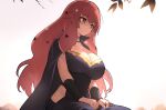  1girl ahonoko bangs black_cape blush bodysuit breasts cape choker cleavage facial_mark fire_emblem fire_emblem_engage hair_ornament highres large_breasts long_hair red_eyes red_hair side_cutout solo star_(symbol) star_facial_mark star_hair_ornament yunaka_(fire_emblem) 