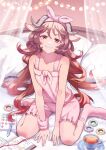  1girl animal_ears arknights bangs book breasts brown_hair cleavage cup eyjafjalla_(arknights) highres horns long_hair looking_at_viewer mechanical_pencil memetaroh on_bed pajamas pencil pillow pink_pajamas red_eyes sheep_ears sheep_girl sheep_horns small_breasts smile solo tea teacup 