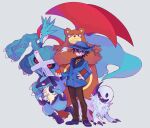  1boy absol ao_(blue_bunny) black_hair black_shirt blue_eyes blue_headwear blue_jacket brown_pants hand_on_hip hat holding holding_poke_ball jacket light_smile lucario male_focus metagross pants poke_ball pokemon pokemon_(game) pokemon_dppt riley_(pokemon) salamence shirt short_hair smile ursaring 