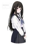  1girl bangs black_hair blush chitanda_eru commentary_request cropped_legs dated from_side highres hyouka long_hair looking_at_viewer parted_lips purple_eyes school_uniform sidelocks solo to9_722 translation_request twitter v_arms white_background 