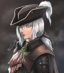  1girl blood blood_on_clothes blood_stain bloodborne blue_eyes bosstseng cape commentary expressionless hair_ribbon hat hat_feather lady_maria_of_the_astral_clocktower pink_lips ponytail ribbon signature solo tricorne upper_body white_hair 