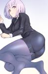  1girl ass breasts business_suit formal gridman_universe highres hori_shin leggings looking_at_viewer purple_hair red_eyes shinjou_akane short_hair smile solo ssss.gridman suit thick_thighs thighs 