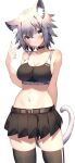  1girl animal_ears armpit_crease bare_arms bare_shoulders belt black_choker black_skirt black_sports_bra black_thighhighs blue_eyes breasts cat_ears cat_girl cat_tail choker cleavage commission cowboy_shot crop_top expressionless grey_hair hair_ornament hand_up highres jun_(aousa0328) large_breasts looking_at_viewer midriff miniskirt navel original pleated_skirt short_hair skeb_commission skindentation skirt sleeveless solo sports_bra standing stomach tail thighhighs thighs v x_hair_ornament zettai_ryouiki 